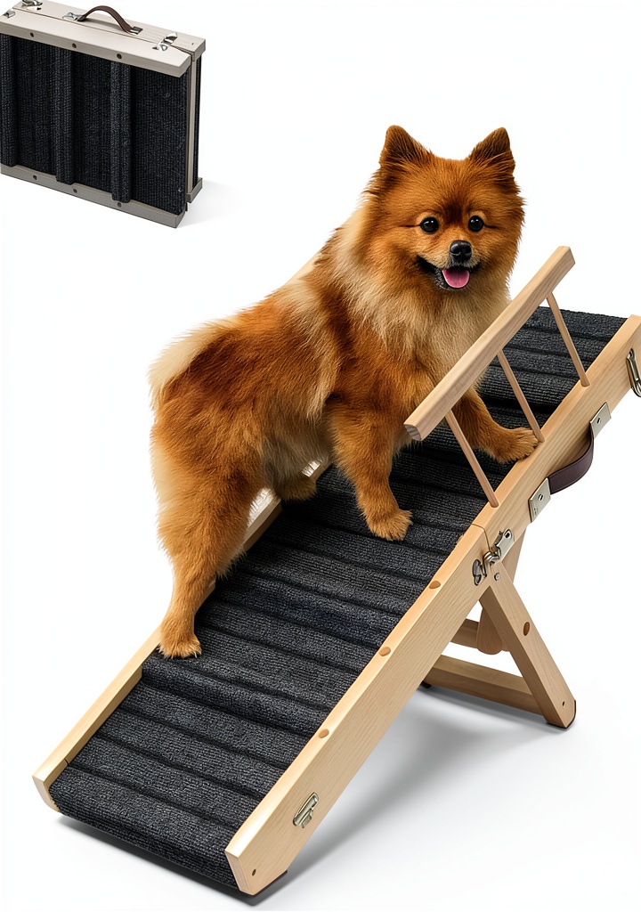 Dog using Mousterian foldable wood ramp beside a bed