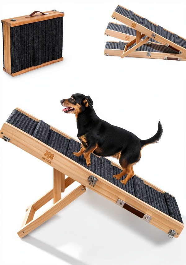 MYUNIK Wood Dog Ramp Foldable Adjustable Pet Bed Couch-0