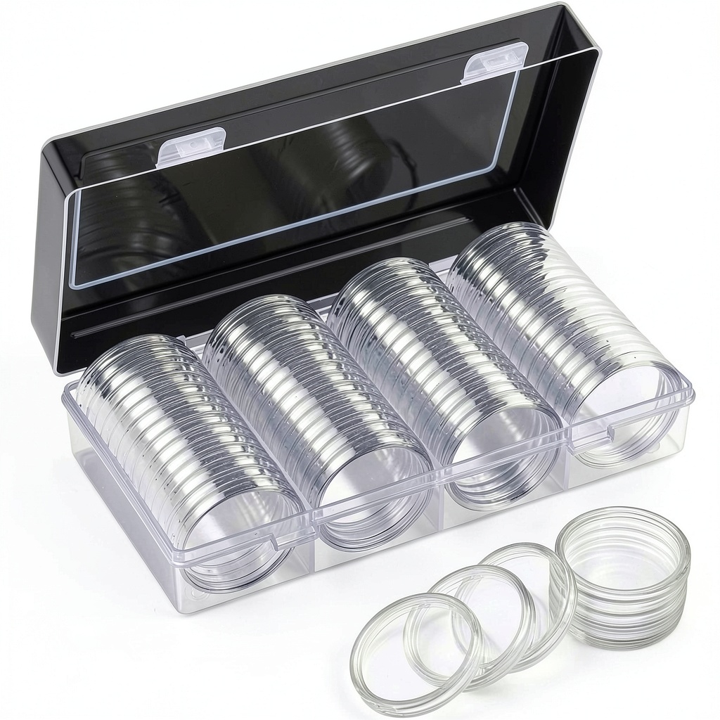 Coin capsules displayed on a collector's desk