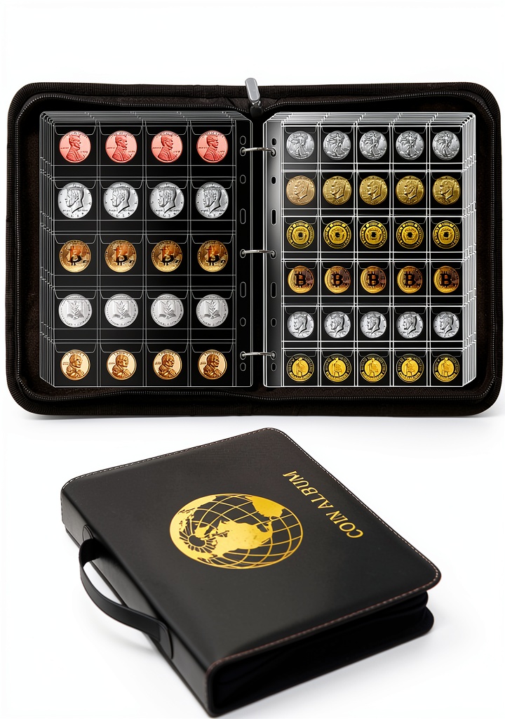 Coin collection album opened showing organized pockets