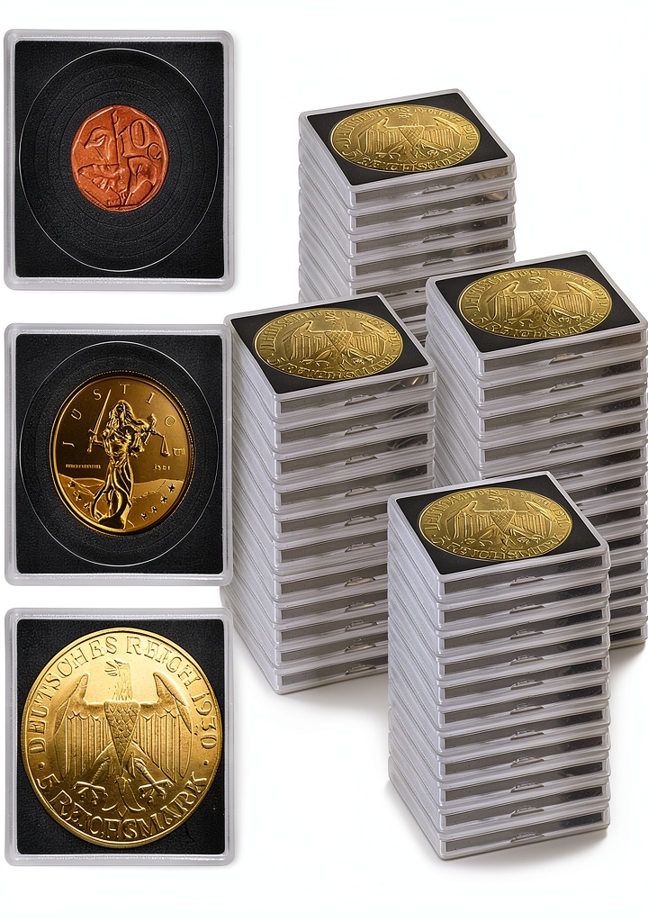 Coin capsule holder displayed on a wooden desk