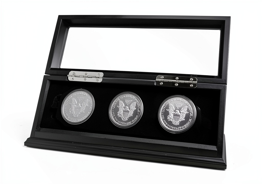 Wall‑mounted Chez Monett coin display case in a modern office setting